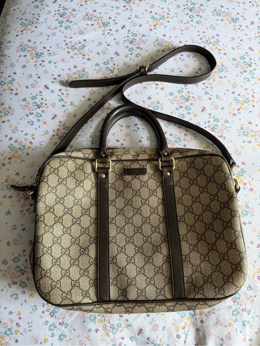 Gucci Beige & Brown GG Canvas Laptop Tote with Leather Trim
